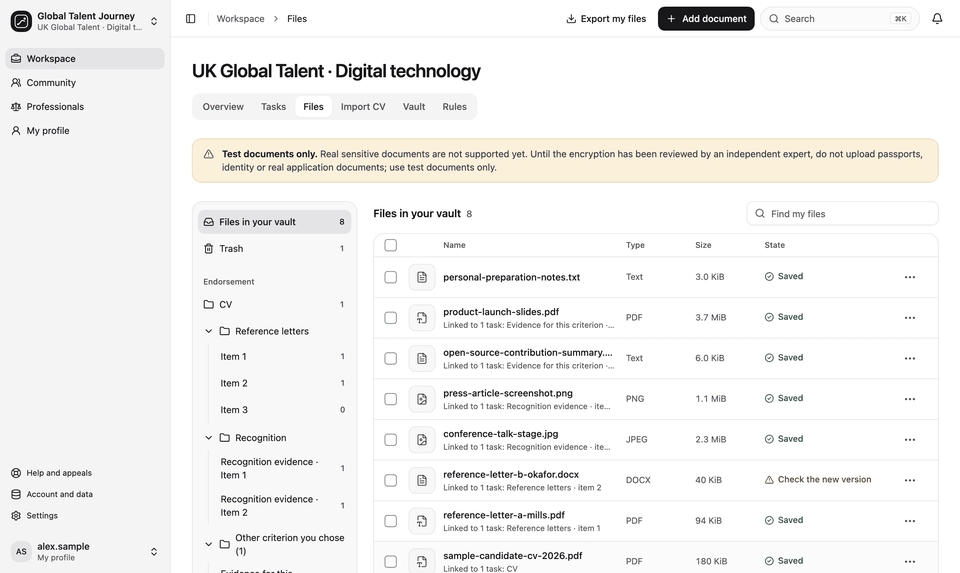 The Files screen of the member app: a warning that only test documents may be uploaded, the folders of the endorsement stage, and a list of test documents such as a CV, reference letters and conference talk evidence, most of them linked to a task and marked Saved.