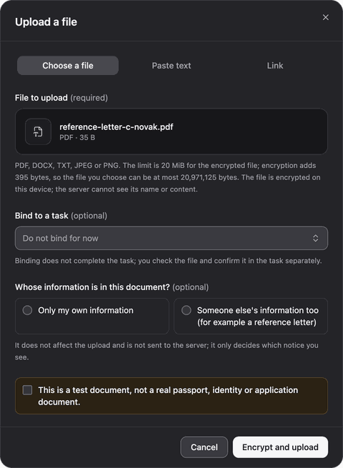 The Upload a file dialog in the member app: a chosen test PDF with the size and type limits, an optional task to bind it to, a question about whose information the document holds, and the confirmation that it is a test document, not a real passport, identity or application document.