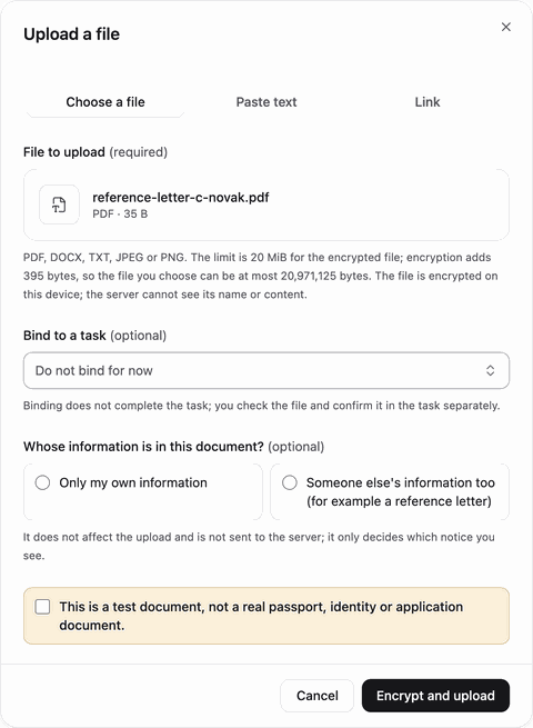 The Upload a file dialog in the member app: a chosen test PDF with the size and type limits, an optional task to bind it to, a question about whose information the document holds, and the confirmation that it is a test document, not a real passport, identity or application document.